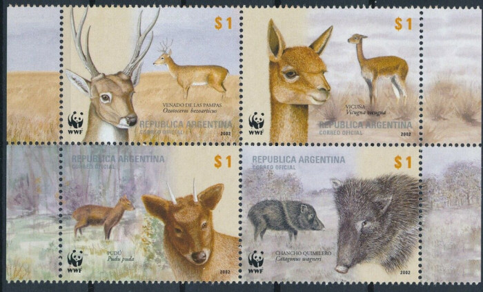 ARGENTINA 2002 WWF FAUNA PROTEJATA ANIMALE SALBATICE LAME CERBI PORCI MISTRETI