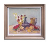 Tablou vechi pictat manual inramat, Natura statica cu fructe, 70x60cm ulei pe panza, Valeriu Stoica 1996