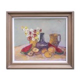 Tablou vechi pictat manual inramat, Natura statica cu fructe, 70x60cm ulei pe panza, Valeriu Stoica 1996