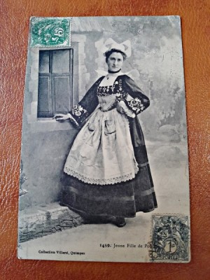 Fotografie tip Carte Postala, femeie in costum popular francez, 1929, circulata foto