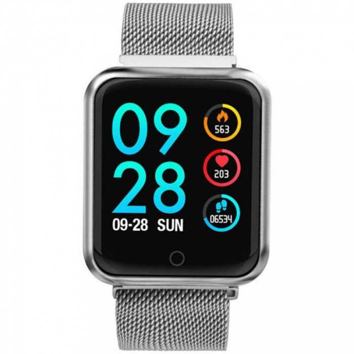 Ceas Smartwatch Techstar&reg; P68, 1.3 inch IPS, Monitorizare Puls, Tensiune, Sedentarism, Bluetooth 4.0, IP65, Curea Otel Inoxidabil, Argintiu