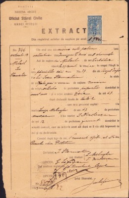 A2652N Extract Oficiul Stărei Civile al urbei Pitești, 1923 foto