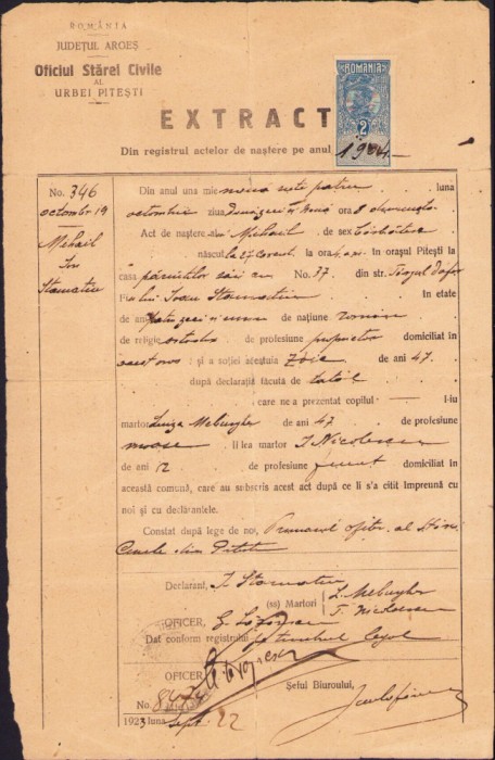 A2652N Extract Oficiul Stărei Civile al urbei Pitești, 1923