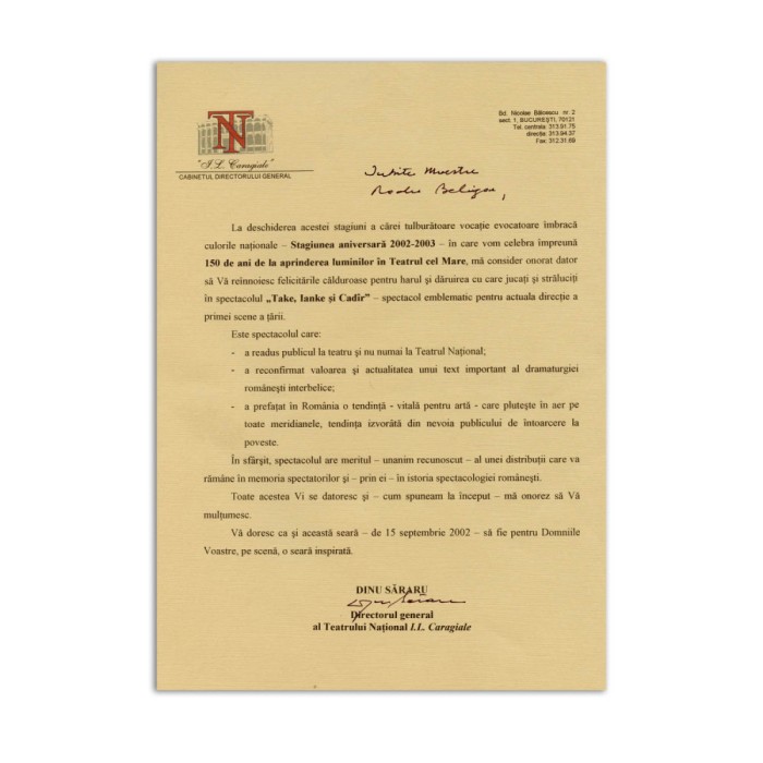 Dinu Săraru, scrisoare pentru Radu Beligan, 2002