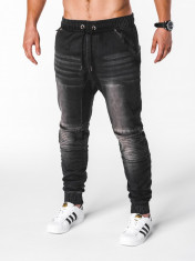 Blugi pentru barbati, negri cu siret, elastici, semi-tur, slim fit, banda jos - P651 foto