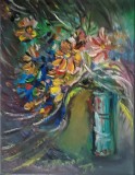Pictură originală ulei pe p&acirc;nză &bdquo;Buchet de flori galbene &icirc;n vas turcoaz&rdquo;, pe șasiu. Certificat cu semnătura și ștampila artistului