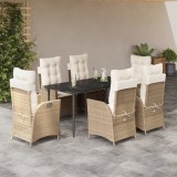 Cumpara ieftin Set de masă pentru grădină, 7 piese, cu perne, bej, poliratan