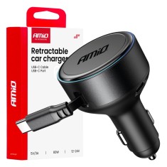 Incarcator auto la priza bricheta, cablu USB-C retractabil + port USB-C, 12/24V, 60W, Incarcare rapida; AMIO AutoDrive ProParts