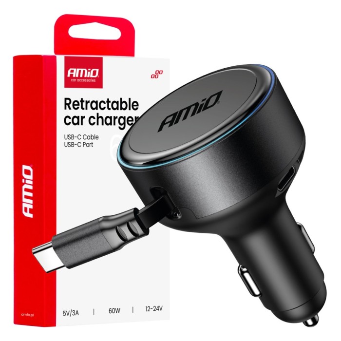Incarcator auto la priza bricheta, cablu USB-C retractabil + port USB-C, 12/24V, 60W, Incarcare rapida; AMIO