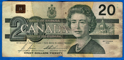 (1) BANCNOTA CANADA - 20 DOLLARS DOLLARI 1991, PRET DE CURS VALUTAR foto