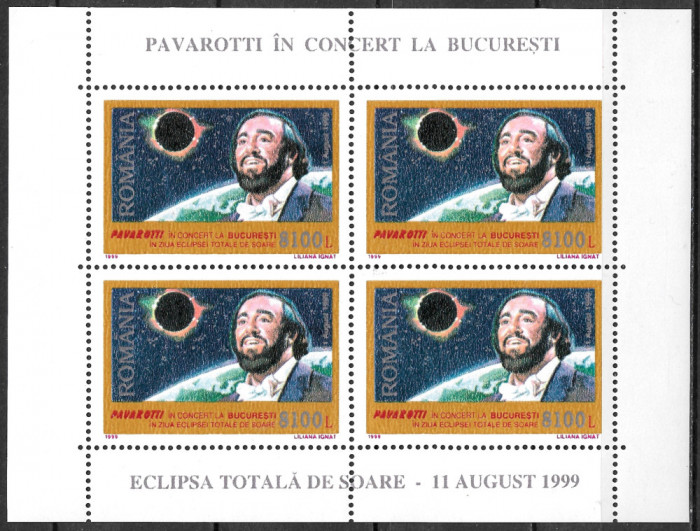 ROM&Acirc;NIA 1999 - LP 1489 - PAVAROTTI &Icirc;N CONCERT LA BUCUREȘTI (ECLIPSĂ) - BLOC MNH