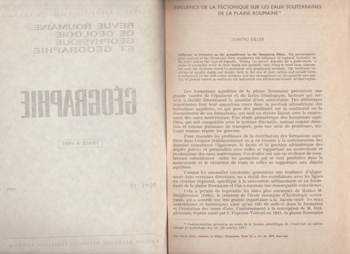 Dumitru Baluta - Influenta tectonicii asupra apelor subterane din C. Romana (fr)