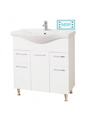 Baza si lavoar ceramic GN1531, mobilier baie stativ 75 cm, front MDF, 2 usi, 3 sertare, balamale soft close, picioare cromate reglabile, alb foto