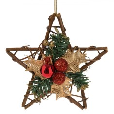 Decorațiune Crăciun, Stea, Ramuri De Pin, Frunze De V&acirc;sc Aurii, Globuri Roșii, 20 cm