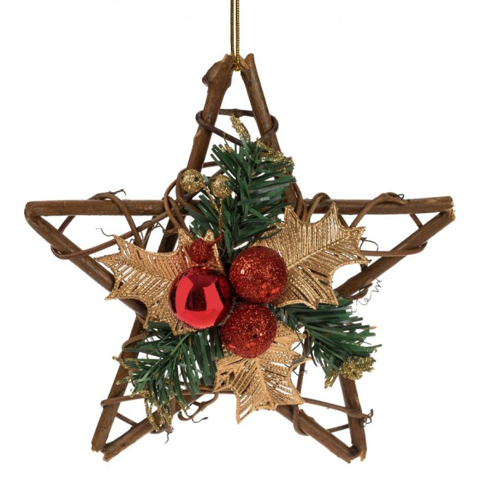 Decorațiune Crăciun, Stea, Ramuri De Pin, Frunze De V&acirc;sc Aurii, Globuri Roșii, 20 cm