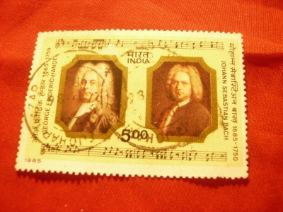 Serie India 1985 - Personalitati -300 Ani Bach si Haendel , 1 val. stampilata foto