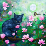 Tablou pictura pisica si flori &quot;Magnolia&quot;, Animale, Acrilic, Altul