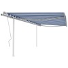 Copertină retractabilă manual cu st&acirc;lpi, albastru&amp;alb, 4x3,5 m