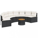 Canapea de gradina cu perne, semi-rotunda, negru, poliratan