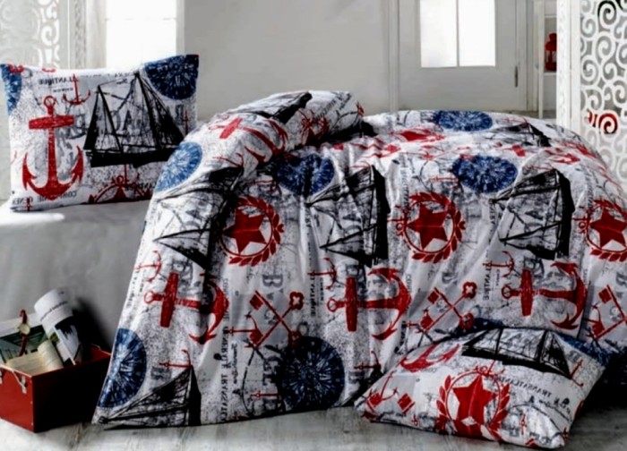 Lenjerie de pat matrimonial cu husa elastic pat si perna dreptunghiulara, Pirate, bumbac ranforce, multicolor