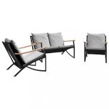 Set mobilier de balcon, 3 piese, cu perne, negru, otel