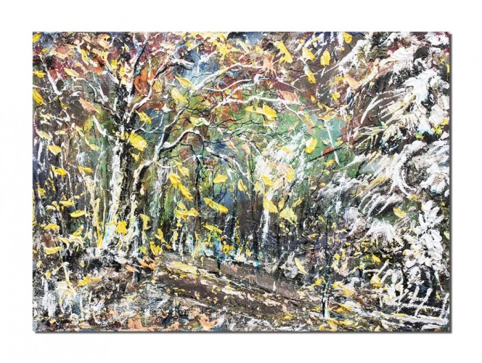 Tablou 3D pictat manual, Inceput de iarna stilizat, 70x50cm acril pe panza in cutit, Kenny Varniote