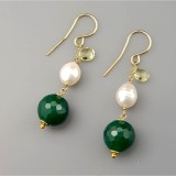 Cercei Argint 925 placat aur cu agat verde smarald, citrin si perle de cultura Verda, 4.5cm, Cutie cadou inclusa