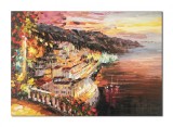 Cumpara ieftin Tablou peisaj citadin marin pictat manual, Apus de soare, 100x70cm ulei pe panza, gata de expus pe perete