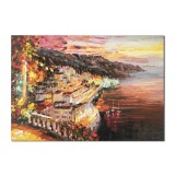 Tablou peisaj mediteranean citadin pictat manual, Apus de soare, 100x70cm ulei pe panza, Spectaculos