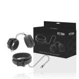 FETISH SUBMISSIVE - VEGAN LEATHER NECKLACE AND HANDCUFFS WITH NOPRENE LINING, FETISH SUBMISSIVE BONDAGE