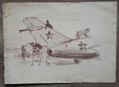 Scena din hangar// studiu Ion Taralunga, creion colorat pe hartie foto