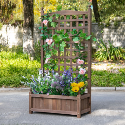 Outsunny Jardiniera de Exterior din Lemn, Suport pentru Plante cu Grilaj pentru Plante Cataratoare si Razor Inaltat, 64x28x120cm, Maro foto