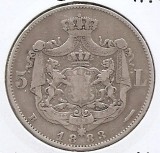 Romania 5 Lei 1883 - Carol I (Regele Romaniei) Argint 25 g/835, 37 mm, KM-17.1