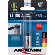 Acumulator 16340, 3.6 V, 850mAh, protectie PCB, incarcare USB- Ansmann