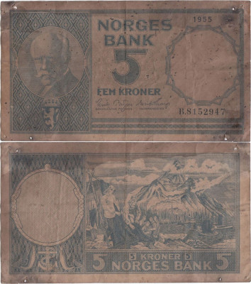 1955 , 5 kroner ( P-30a.1 ) - Norvegia foto