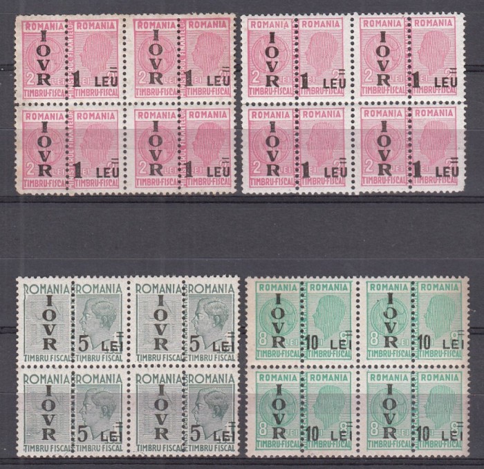 ROMANIA 1944/1947 TIMBRE DE AJUTOR CU SUPRATIPAR IOVR TIMBRE FISCALE DUBLE LOT IN BLOC DE 4 TIMBRE STARE MNH