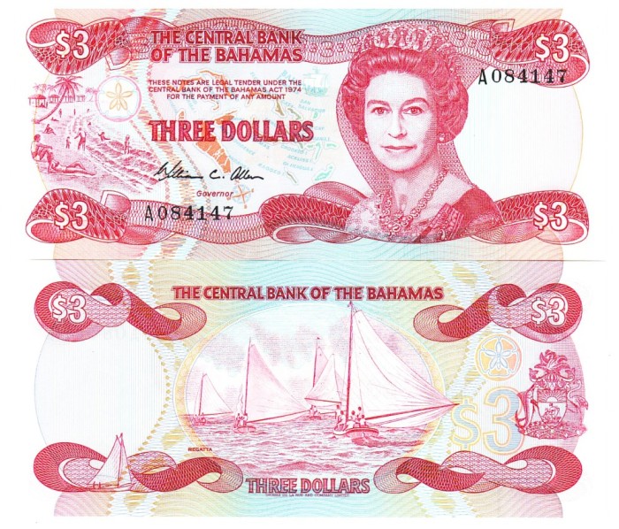 Bahamas 3 Dollars 1984 P-44a UNC