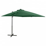 VidaXL Umbrelă suspendată cu st&acirc;lp și LED-uri, verde, 250 cm