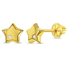 Cercei in forma de Stea cu Diamant din Aur 14k, pentru Bebelusi, Copii Mici si Fetite &ndash; Inchidere Sigura cu Surub