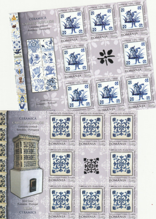 Romania 2010-Romania-Portugalia,Ceramica-minicoala 8 timbre+vigneta,folio argint