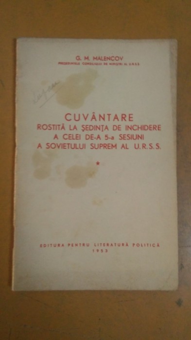 Malencov Cuv&icirc;ntare rostită la ședința de &icirc;nchidere a Sovietului Suprem 1953 041