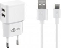 Incarcator retea Goobay, 2x USB-A 2.4A, cablu USB-C, alb foto