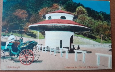 Carte postala, Calimanesti, intrarea in Parcul Caciulata, perioada interbelica foto