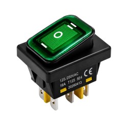 Intrerupator rocker basculant ON-OFF-ON KCD4-0211-23, 6pini, 250VAC, 16A, 30x22mm, LED verde, cu retinere, IP65