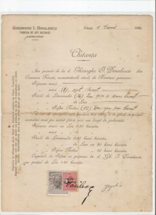 Romania, Fabrica de ape gazoase &quot;Cadrilater&quot;, Chitanta 1, 1916
