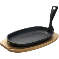 PLATOU SERVIRE OVAL, 24X14 CM , FONTA PURA , CU MANER DETASABIL SI BAZA DIN LEMN