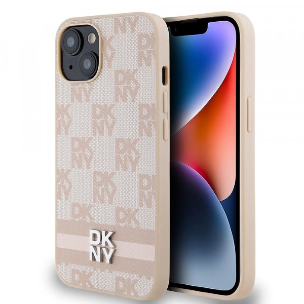 Husa pentru Apple iPhone 15, DKNY, Checkered Mono Pattern &amp; Printed Stripes, Roz