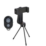 Suport telefon universal cu mini trepied metalic 13.5 cm si telecomanda Bluetooth, suport smartphone reglabil 8.2 cm, ABS si metal, baza anti-alunecar
