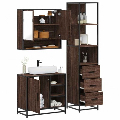 Set mobilier de baie, 3 piese, stejar maro, lemn prelucrat foto
