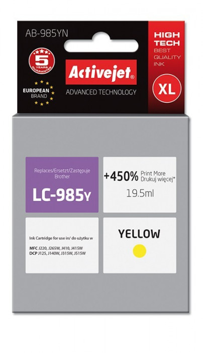 Cartus compatibil LC 985Y XL Yellow pentru Brother, Premium Activejet, Garantie 5 ani